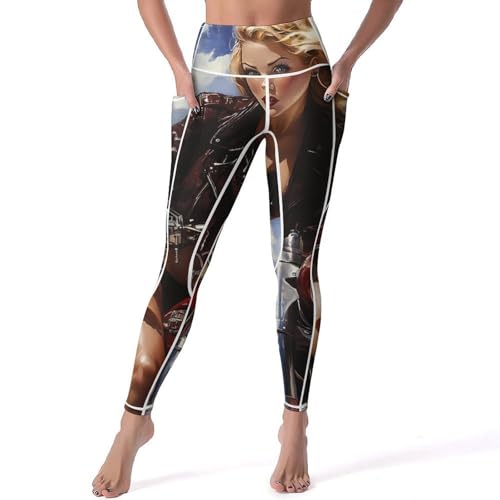 Pin Up Woman on Motorcycle Women's Yoga Pants Stretch Leggings with Pockets High Waist for Workout