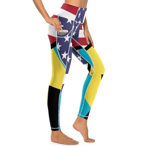USA and Bahamas Flag Women's Yoga Pants Stretch Leggings with Pockets High Waist for Workout