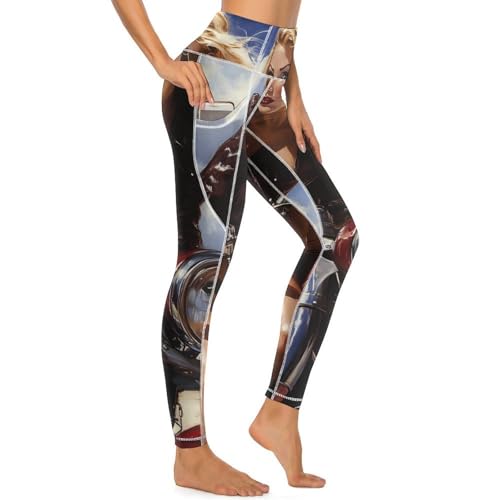 Pin Up Woman on Motorcycle Women's Yoga Pants Stretch Leggings with Pockets High Waist for Workout