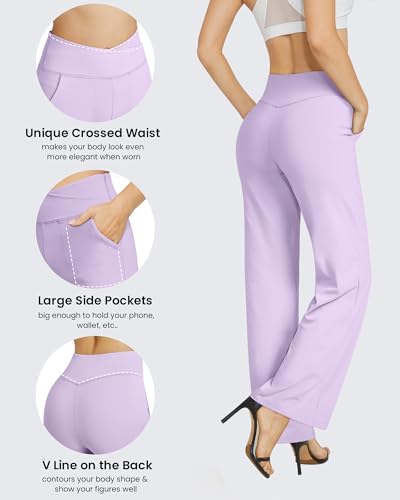 Wide Leg Pants for Women Loose Comfy Yoga Pants with Pockets Cross High Waist Casual Lounge Pants(Lavender,S,31")