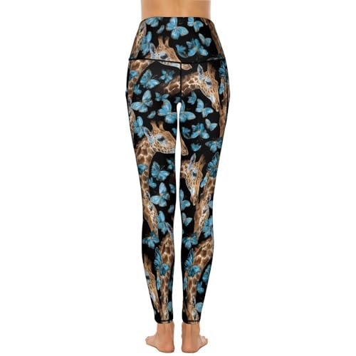 Giraffes and Butterfly Women's Yoga Pants Stretch Leggings with Pockets High Waist for Workout