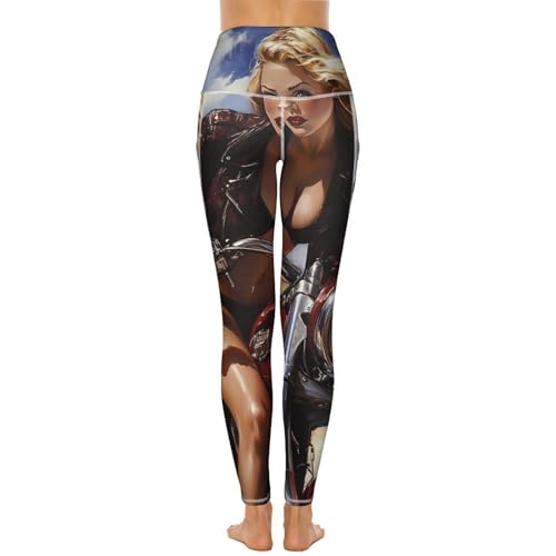 Pin Up Woman on Motorcycle Women's Yoga Pants Stretch Leggings with Pockets High Waist for Workout