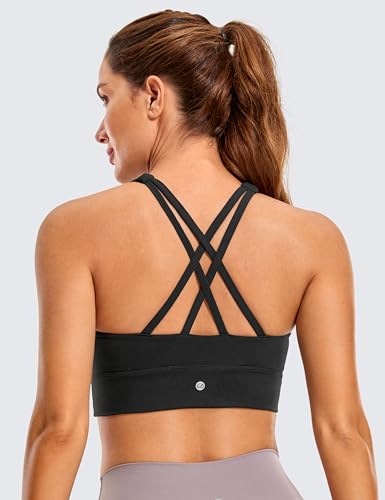41wCi9YiedL.jpg Womens Butterluxe Strappy High Neck Longline Sports Bra - Wireless Criss Cross Back Padded Workout Cropped Top