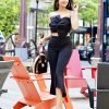 Capri Pants for Women Stretch Yoga Dress Pants with Pockets Ruffle Bell Bottom Athletic Work Leggings