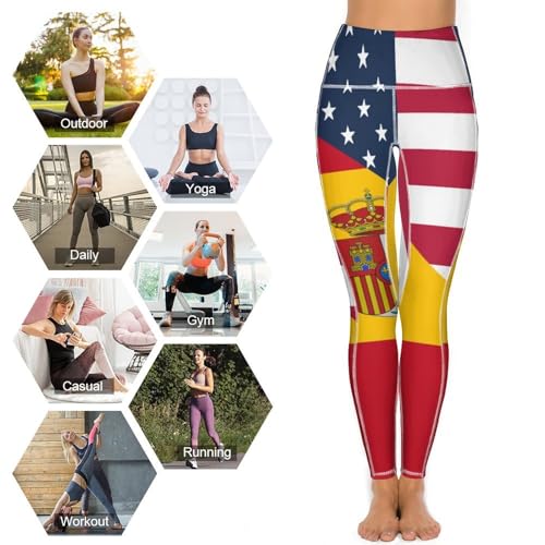 USA and Spain Flag Women's Yoga Pants Stretch Leggings with Pockets High Waist for Workout