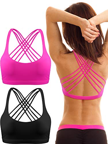 51Ii31Cz03L.jpg 2 Pack Strappy Sports Bra for Women, Workout Padded Tank Top Sexy Cross Back Racer Back Seamless Comfortable Yoga Bra