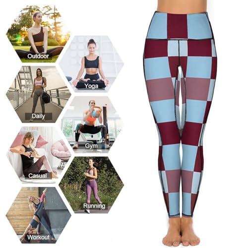 Brown and Blue Checkered Women's Yoga Pants Stretch Leggings with Pockets High Waist for Workout