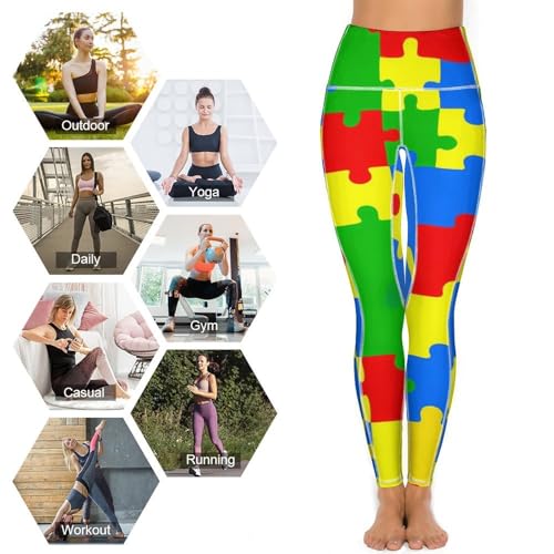 Colorful PuzzlePieces Autism Women's Yoga Pants Stretch Leggings with Pockets High Waist for Workout