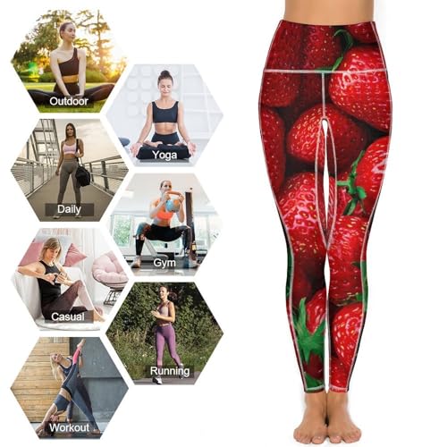 Fresh Strawberry Women's Yoga Pants Stretch Leggings with Pockets High Waist for Workout