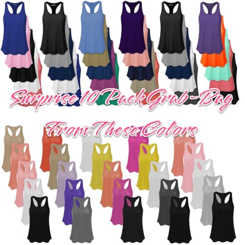 Women's Everyday Flowy Burnout Slub Racer Back Active Workout Tank Tops- 10 Pack
