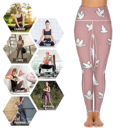 White Doves Flying Birds Women's Yoga Pants Stretch Leggings with Pockets High Waist for Workout