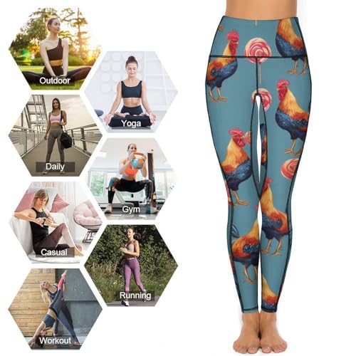 Roosters and Lollipops Women's Yoga Pants Stretch Leggings with Pockets High Waist for Workout