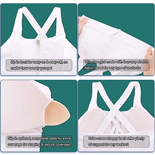 Zipper in Front Sports Bra High Impact Strappy Back Support Workout Top